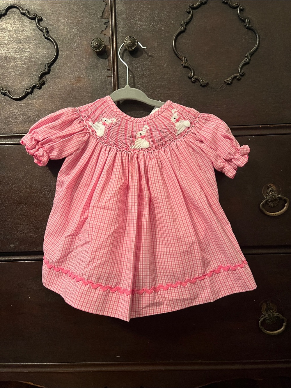 Pink Smocked Bunny Check Dress with Diaper Cover